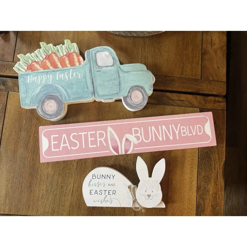 Lot of 3 Easter Wood Signs | Easter Truck Easter Bunny Blvd Bunny Kisses Decor